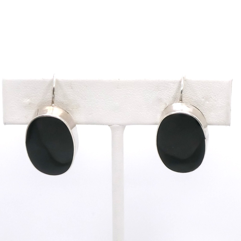 Vintage Sterling Silver 925 Mexico Black Oval Unisex 1" Drop Earrings